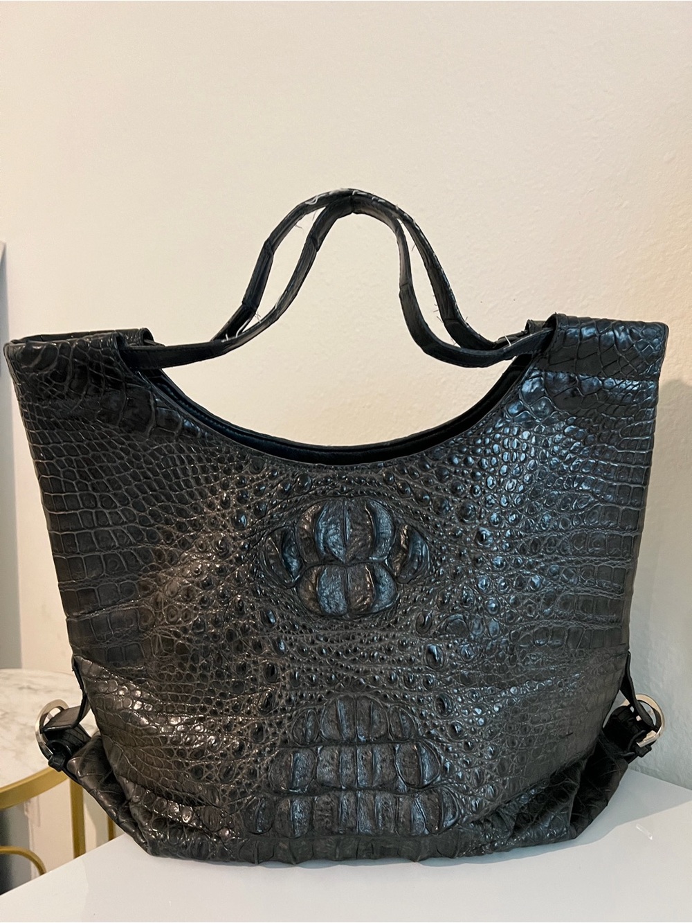 Black Crocodile-Texture Leather Tote Bag